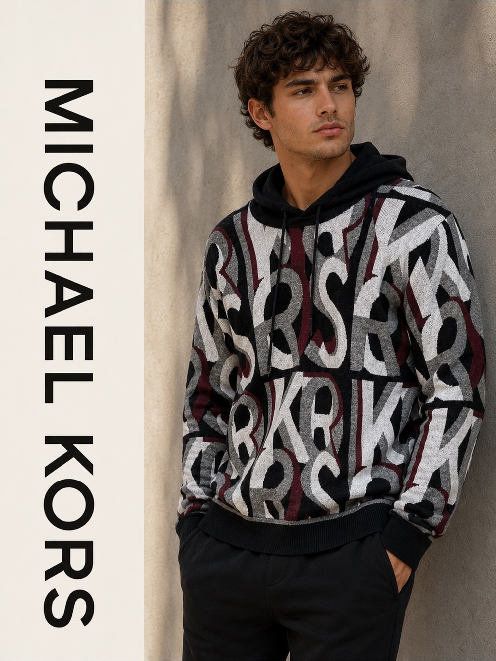 Michael Kors Monogram Letter Print Knit Hoodie Sweater XL